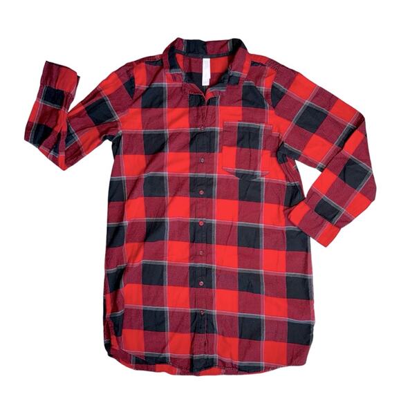 STARS ABOVE Women’s Red Plaid Flannel Button Front Long Sleeve Sleep Shirt - Picture 2 of 7